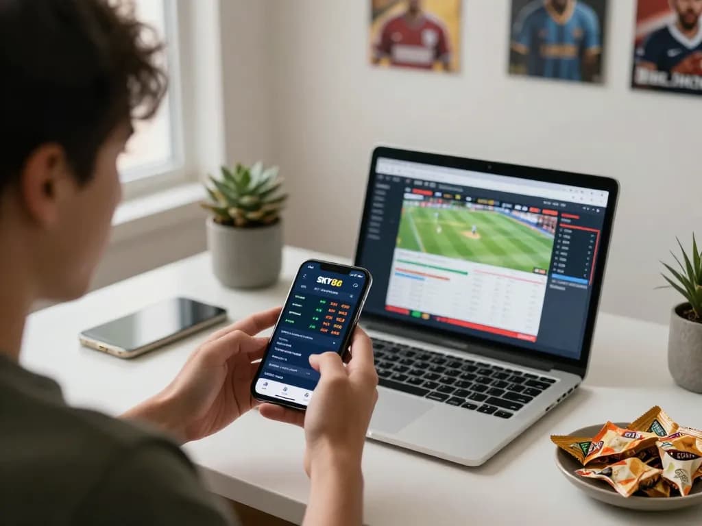 Engaging moment using SKY88 app for sports betting with live odds on smartphone in a modern workspace
