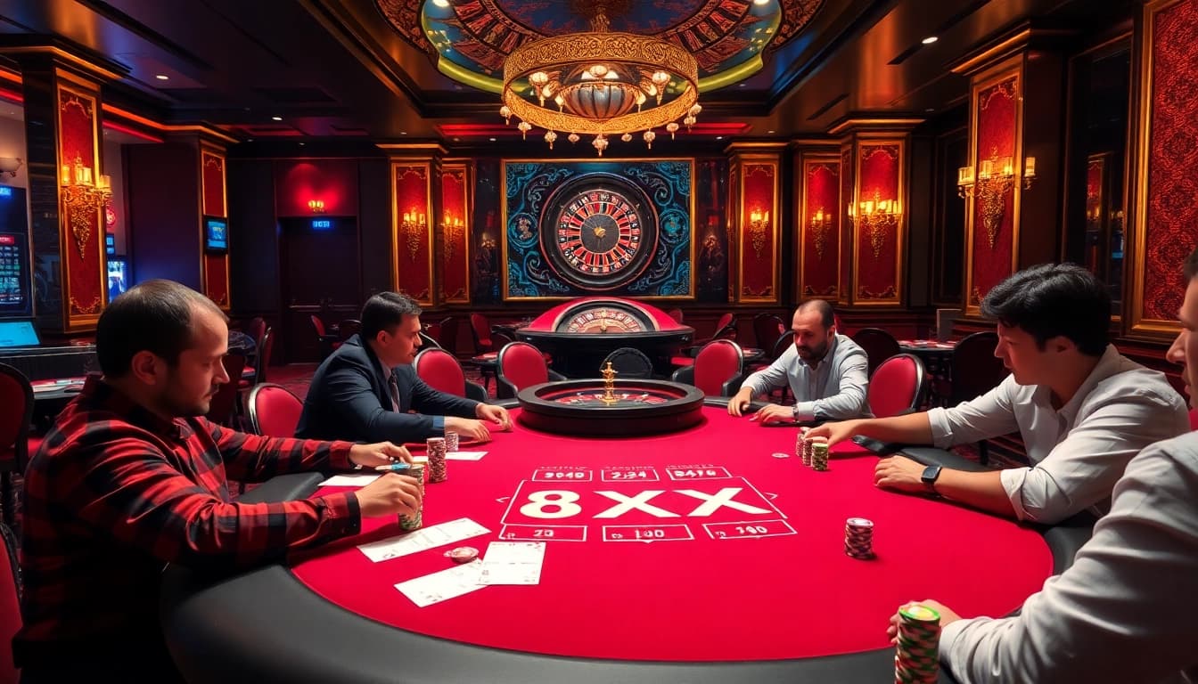 Exciting poker game in a luxurious casino featuring the keyword 8XX prominently displayed.