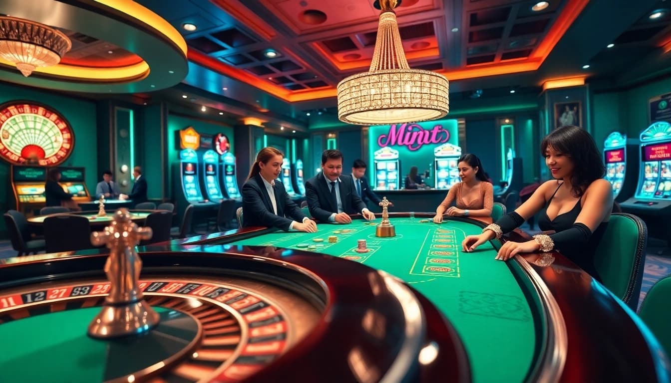 Experience the excitement of gambling at mint88 with lively poker games and vibrant casino decor.