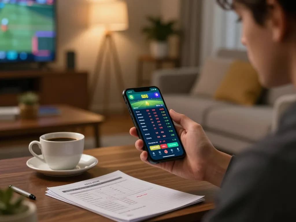 Engaged player using EE88 app for live sports betting in a cozy home environment.