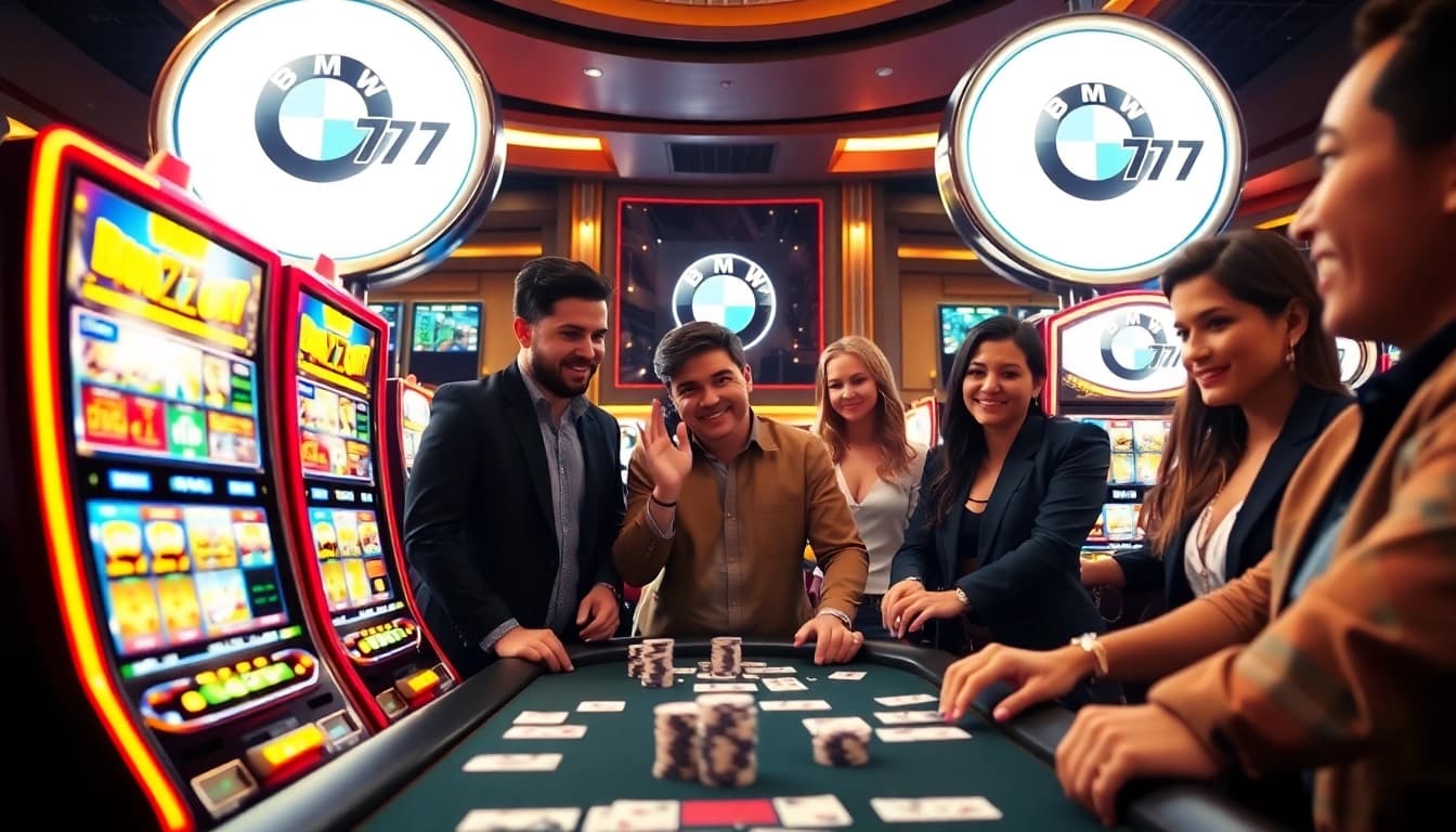 Players enjoying vibrant Bmw777 slot machines in a luxurious casino setting.