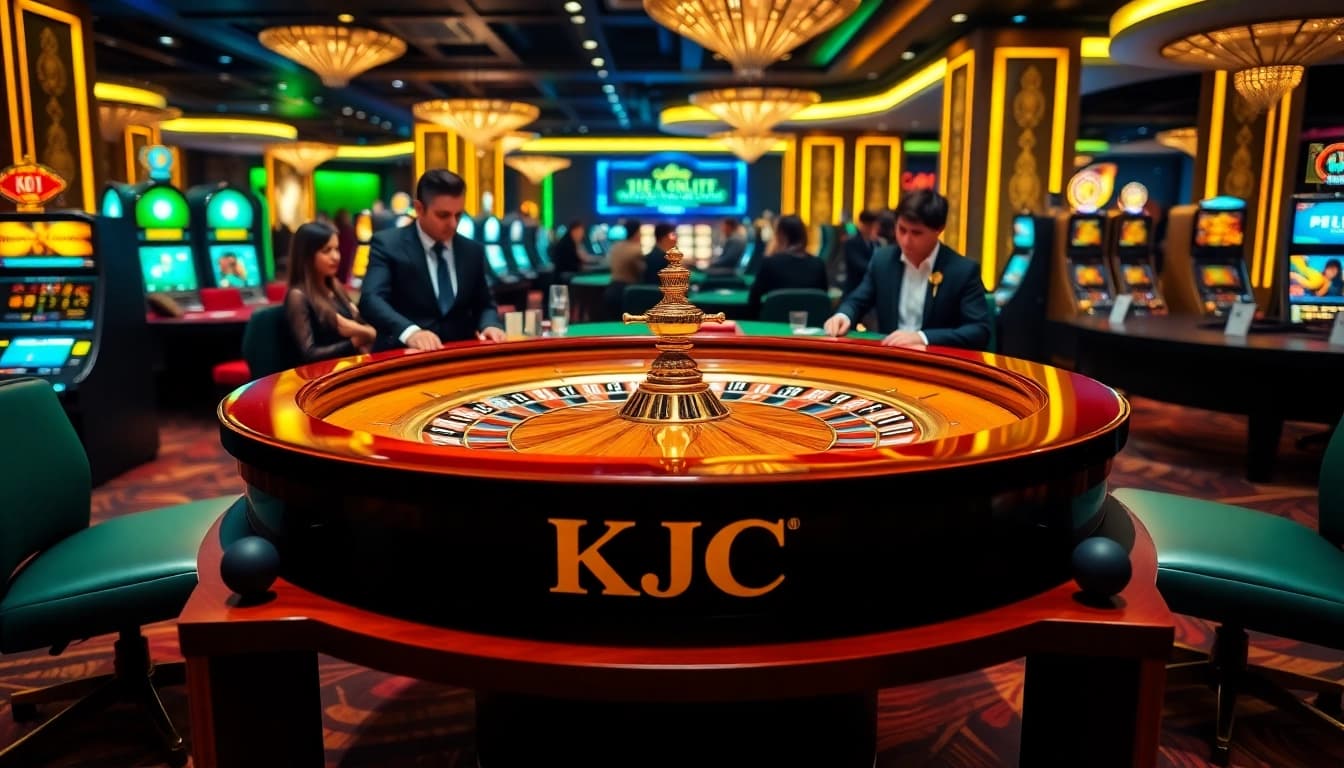 Players enjoying KJC roulette at a luxury casino, with vibrant decor and thrilling atmosphere.