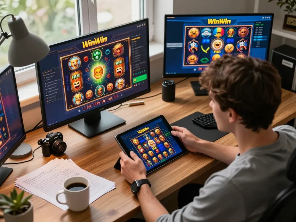 Player engaging with WinWin casino online app, showcasing vibrant gameplay and strategic notes.