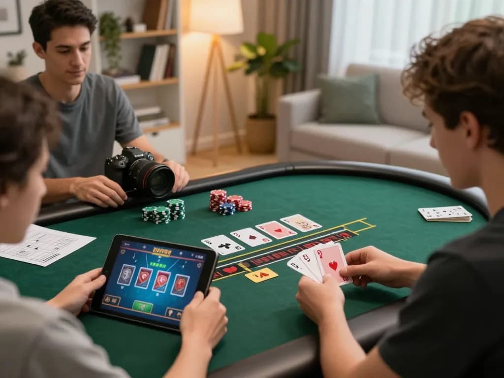 Player engaging with vegas88 online blackjack game in a cozy home setting with cards and chips.