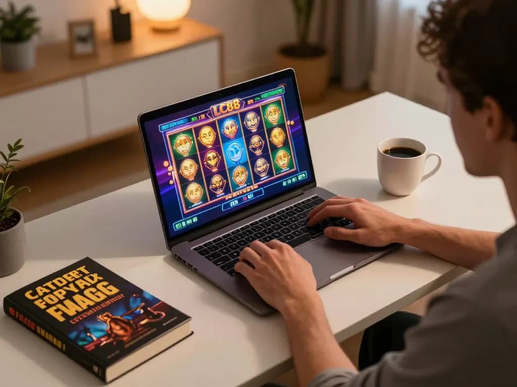 Player enjoying LC88 slot game on a sleek laptop in a modern home office setting.