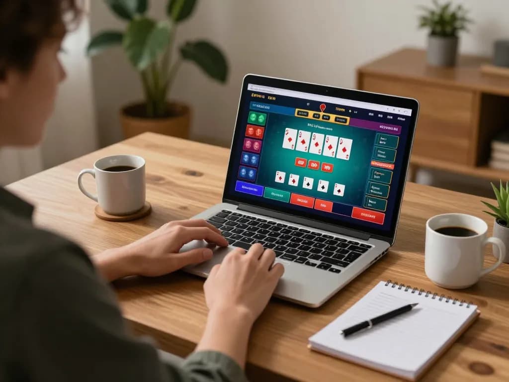Person enjoying immersive online gaming experience with 33WIN on laptop in cozy home setting.