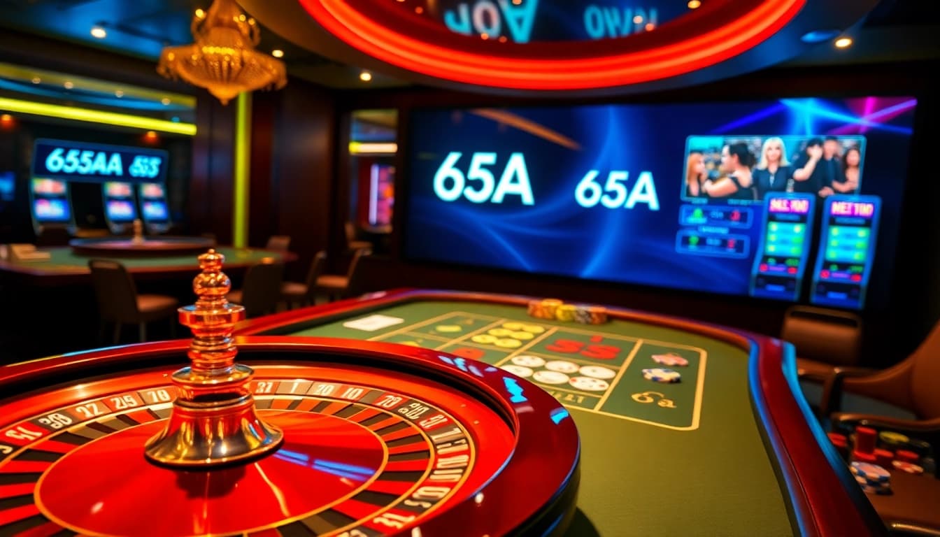 75A online gambling experience with vibrant roulette and poker tables in an exciting casino atmosphere.