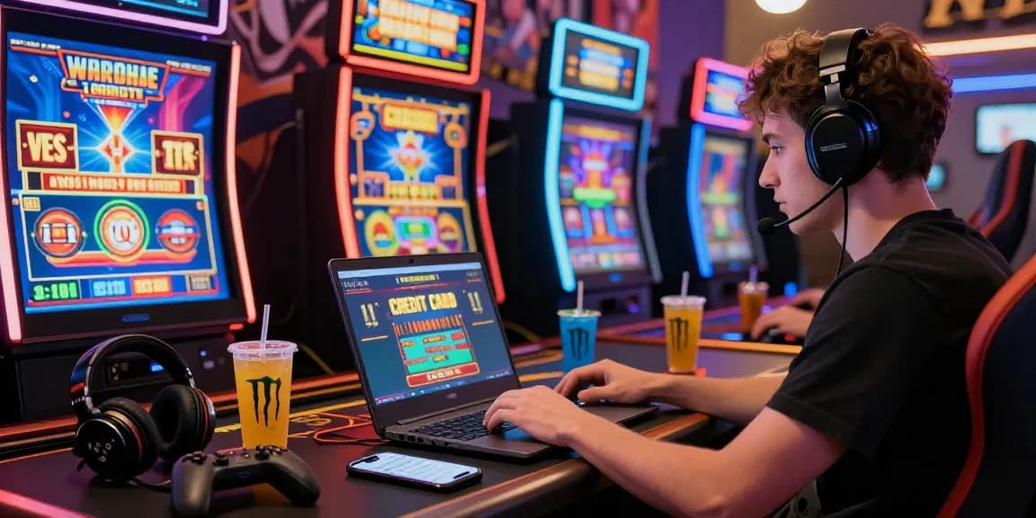 A dynamic online gaming scene at a credit card casino, showcasing a player engaging with vibrant slot machines on their laptop, complemented by gaming accessories and warm lighting, illustrating the e