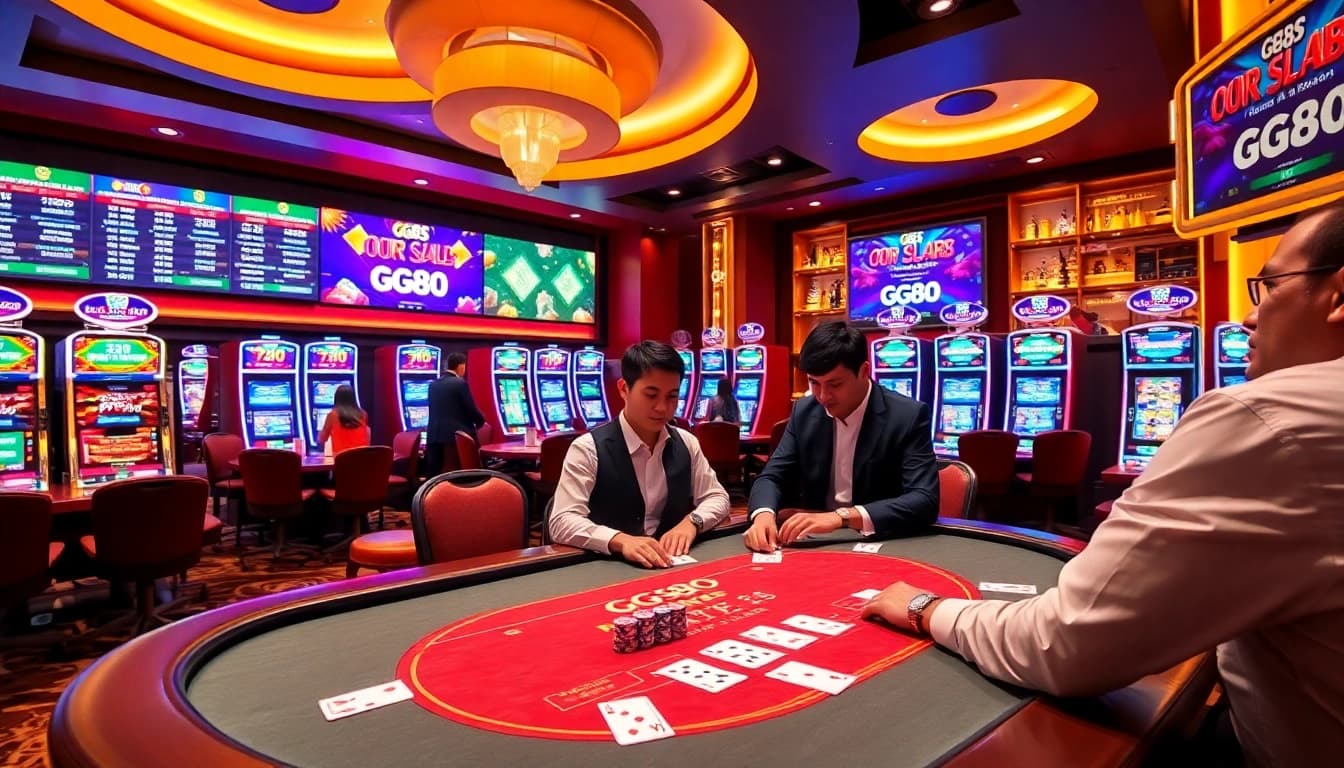Players enjoying a vibrant GG88 casino poker match with colorful chips and modern slot machines.