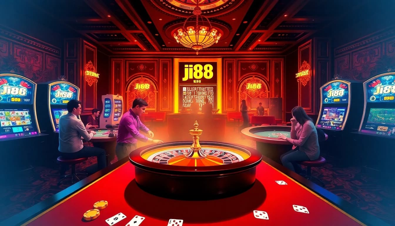 Players enjoying vibrant j88 slot machines and roulette in a luxurious casino setting.
