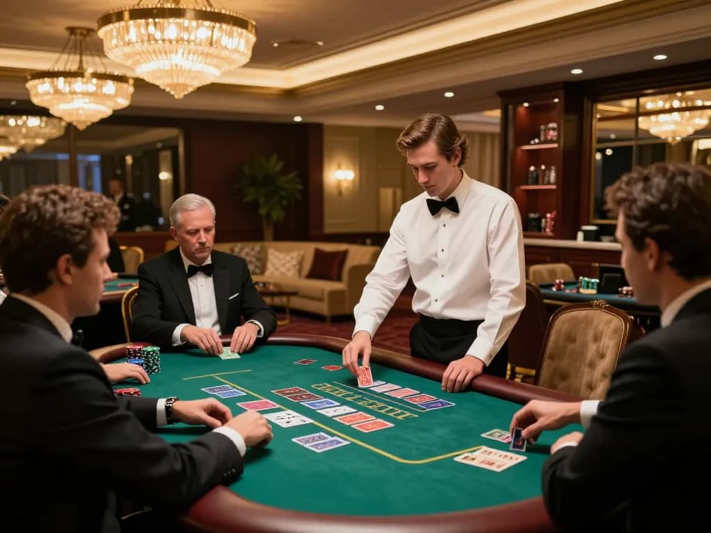 Engaged players strategizing at a high-stakes luck8 blackjack table in a luxurious casino setting.