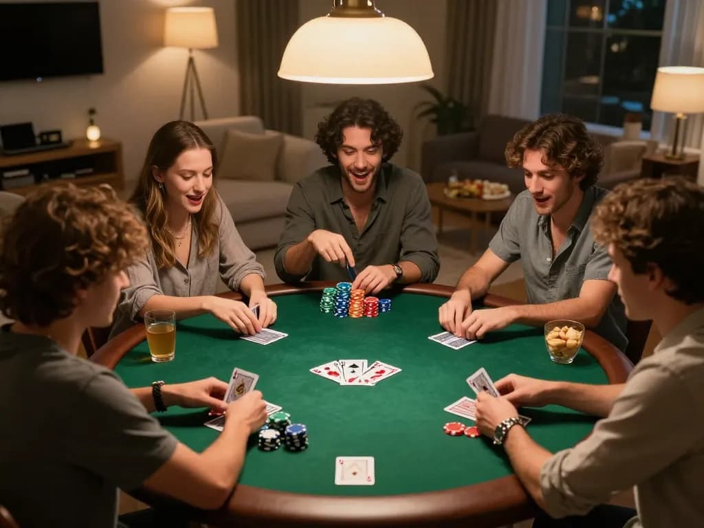 Players enjoying an exciting home poker game night around a table with DA88 poker chips and illuminated atmosphere.