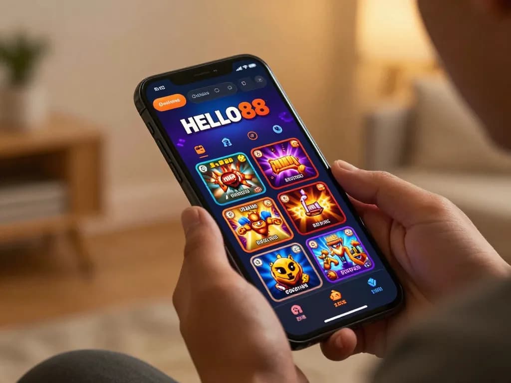 Engaging mobile gaming experience with HELLO88 on a smartphone, showcasing lively slot options.