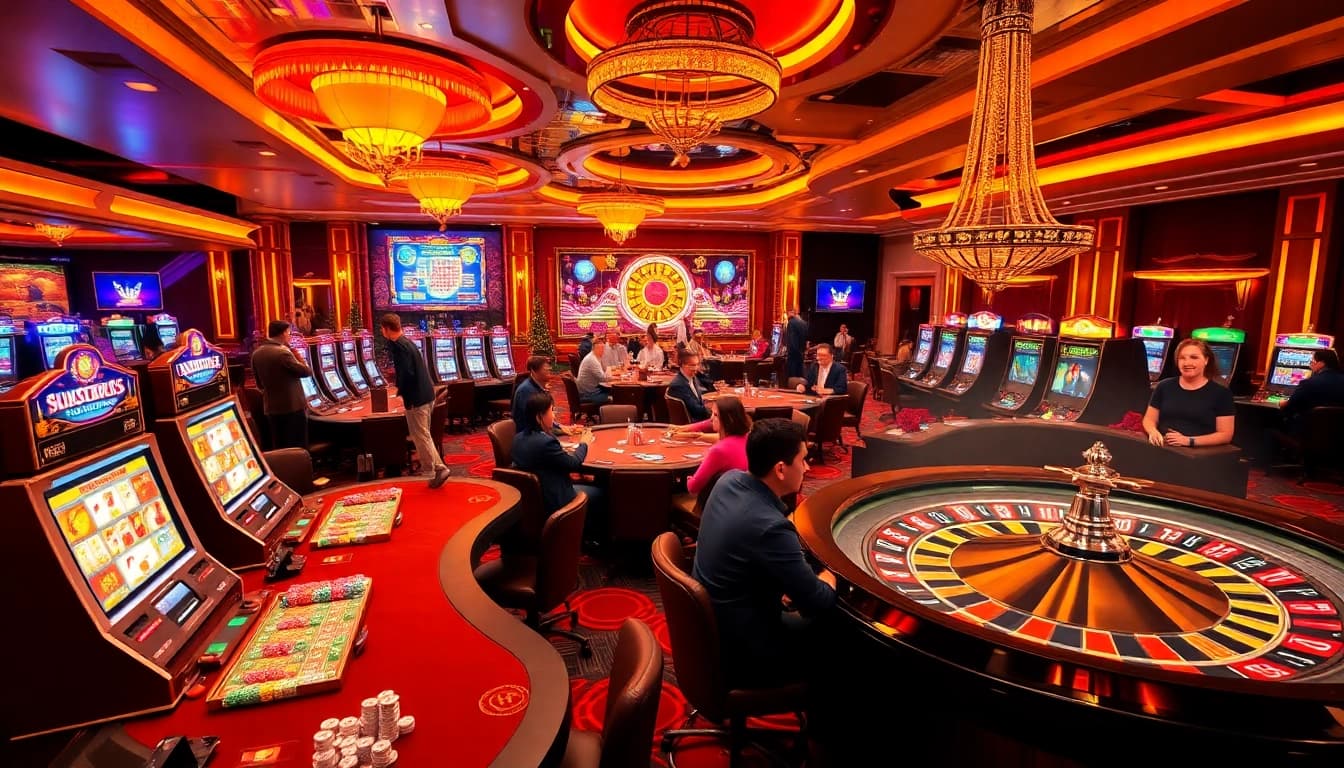 Engage in thrilling online games at https://xx88.moe/, showcasing vibrant casino elements like slot machines and poker tables.