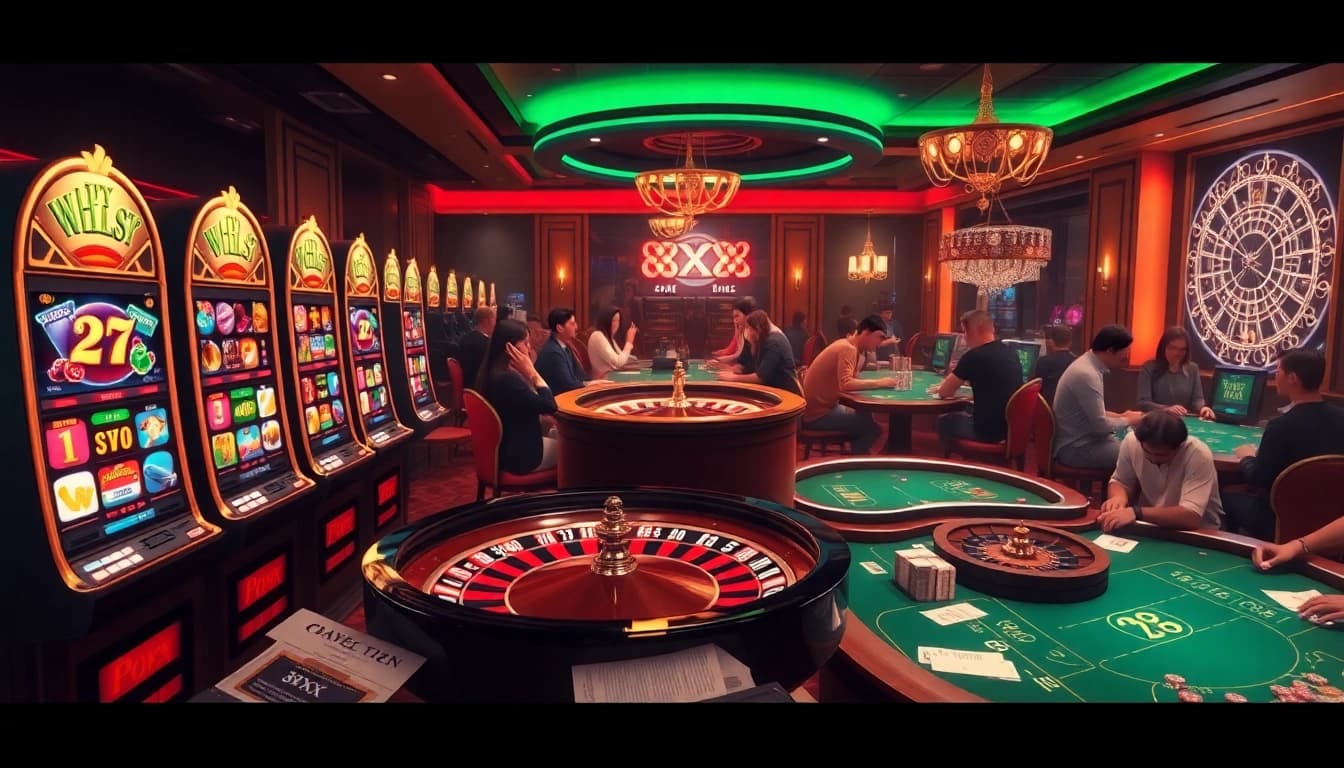 Exciting gambling scene featuring vibrant 8XX slot machines and poker tables showcasing electric gameplay.