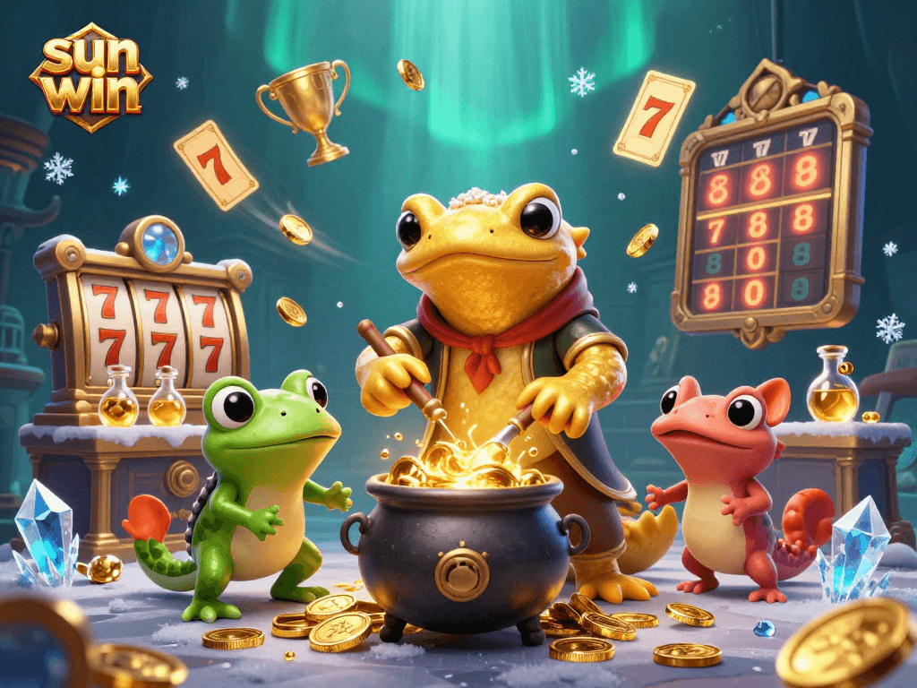 Players enjoy a winning experience at sun win with a magical alchemist and golden coins in a vibrant casino.