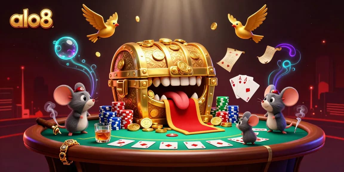 Alo8 gamblers experience thrills while chasing riches over a treasure chest in a vibrant casino