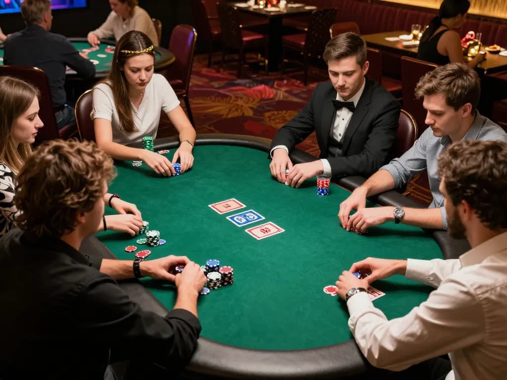 FABET players engrossed in a lively poker game at an upscale casino table amid warm lighting.