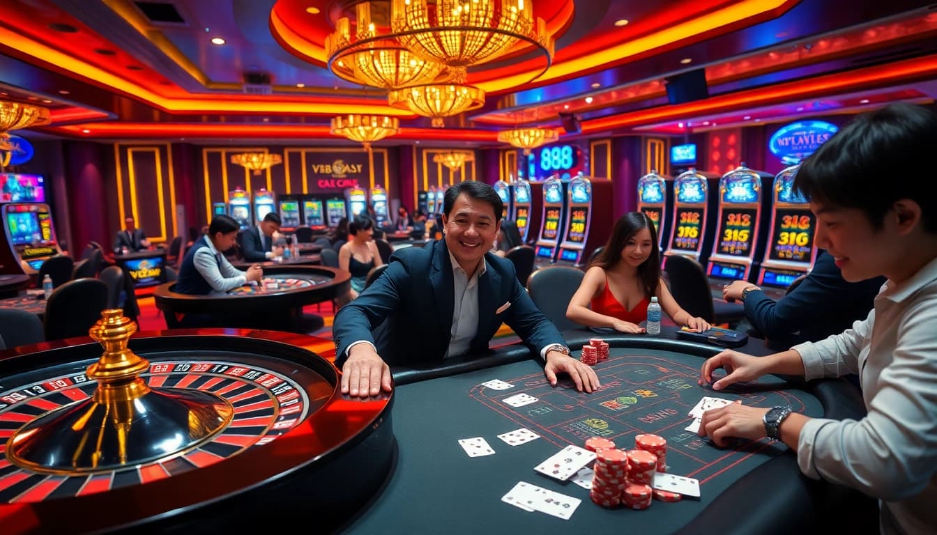 Players enjoying intense games at V88.casa casino, showcasing slot machines and poker tables.