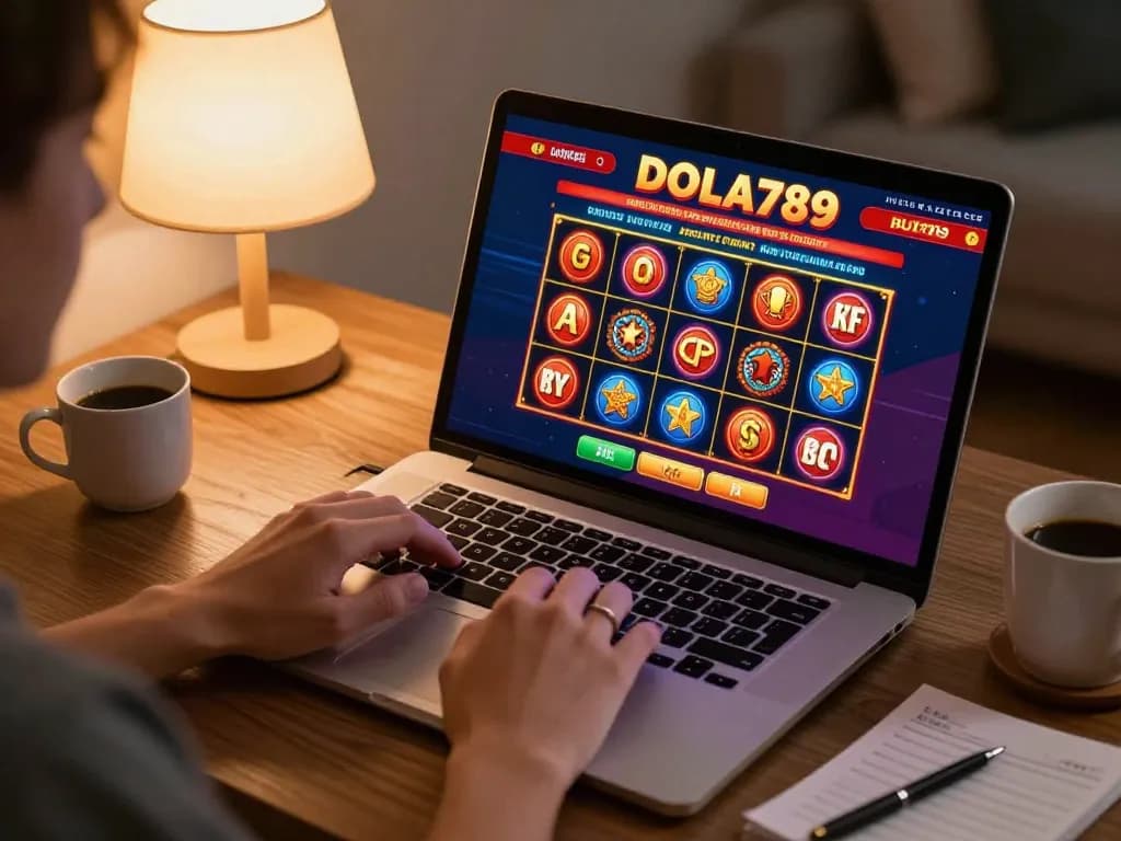 DOLA789 player engaging with exciting online casino games on a laptop in a cozy home.