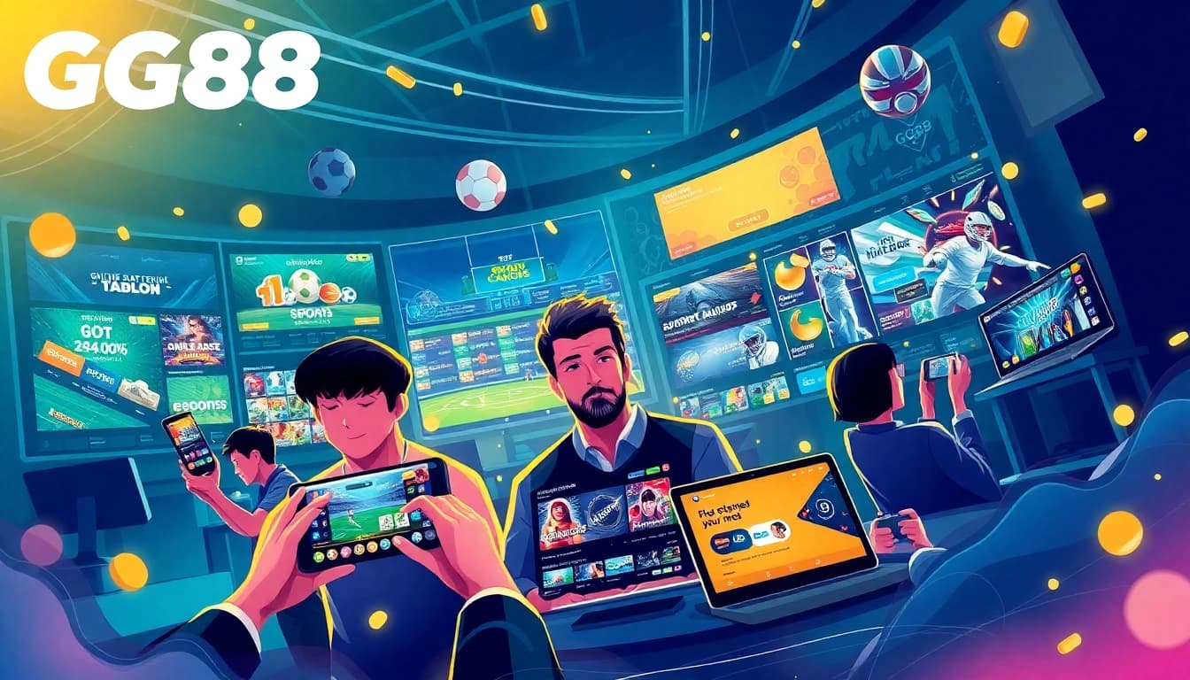 Engaging GG88 online gaming scene showcasing sports betting and casino games in a vibrant, high-tech setting.