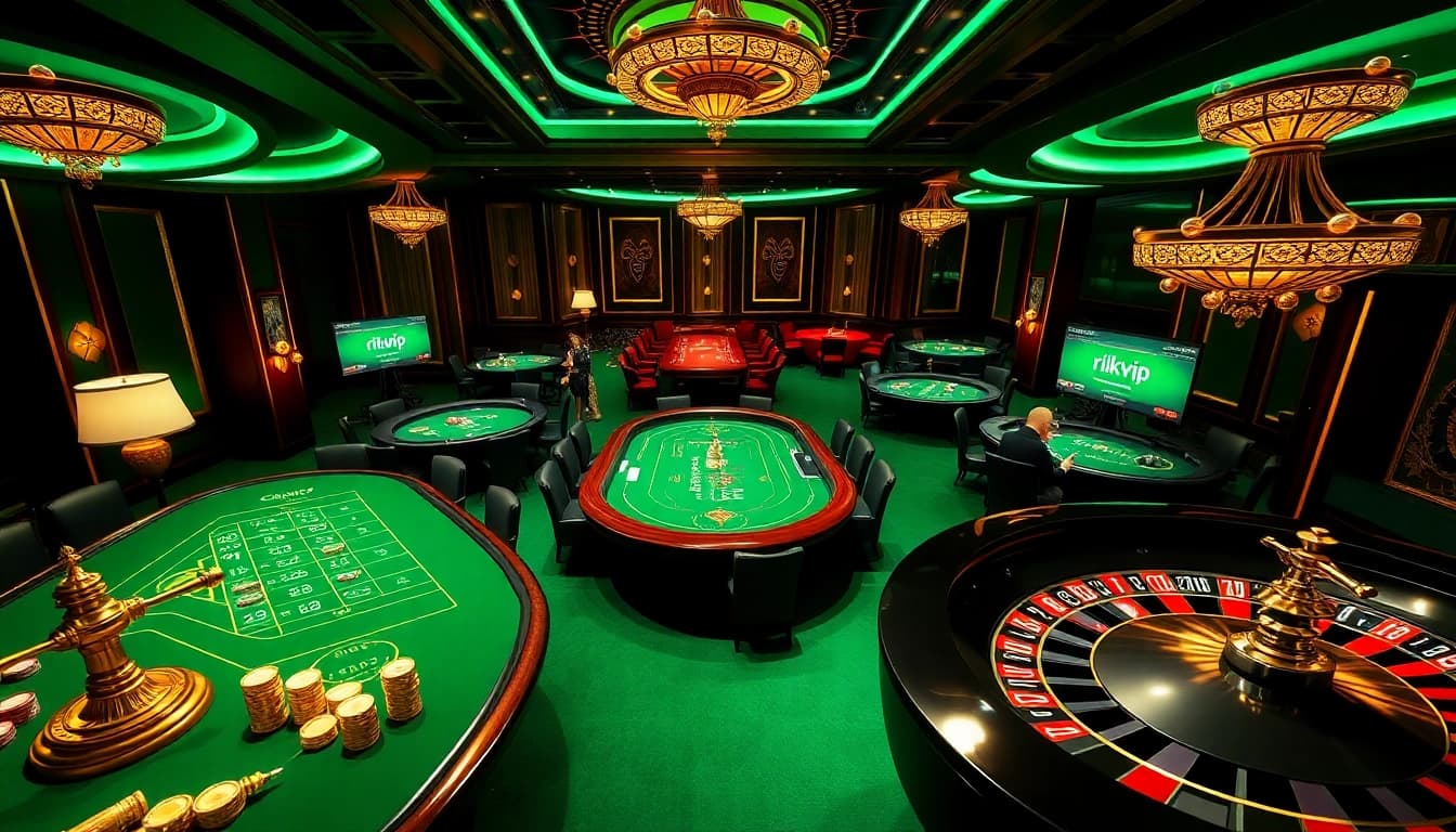 rikvip casino scene with elegant tables and excited players enjoying betting