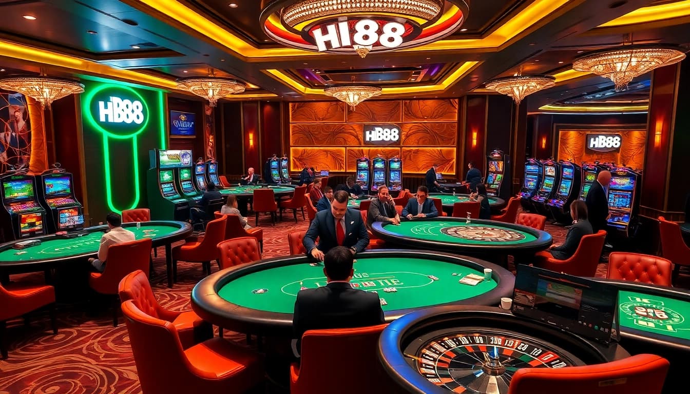 High-stakes players enjoying HB88's luxurious gaming experience at vibrant casino tables.
