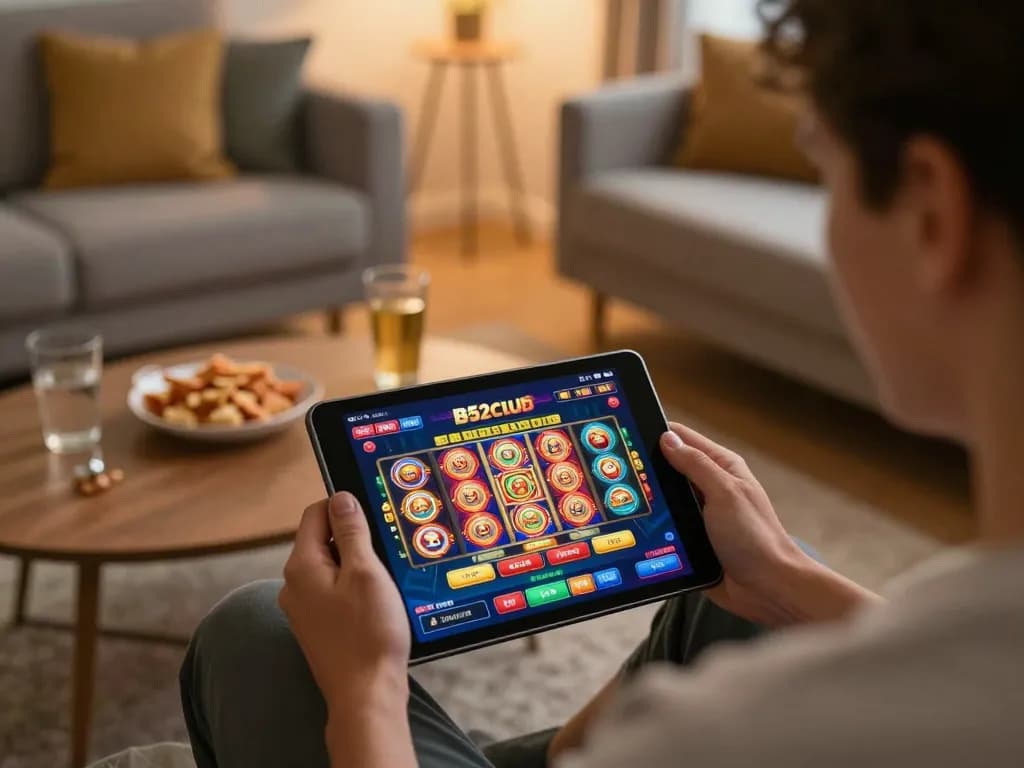 B52club user enjoying an exciting slot game on tablet in a cozy home environment