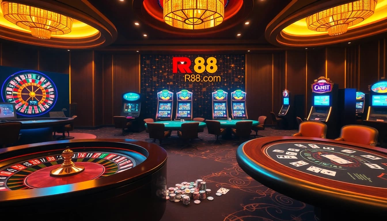 Engaging gamblers at RR88.com with a vibrant casino atmosphere featuring poker tables and a roulette wheel.