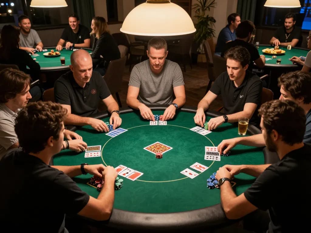 KJC players engaged in an intense home poker game showcasing strategy and camaraderie.