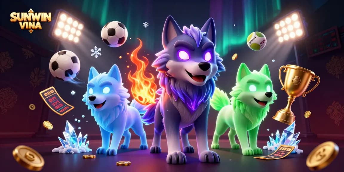 Engage with SUNWIN VINA's thrilling gaming experience depicted in 3D, featuring energetic wolf characters and dynamic sports elements.