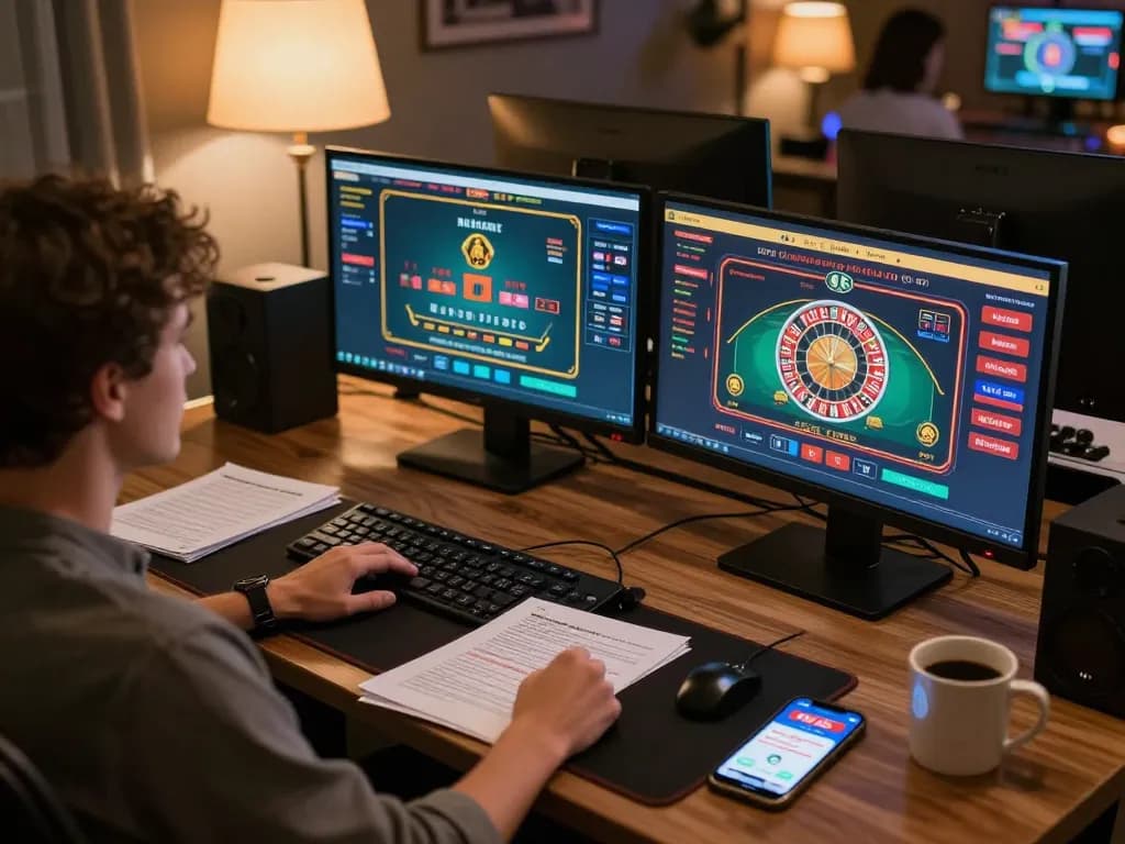 Engaging online gaming experience with fly88 app displayed on multiple screens while strategizing