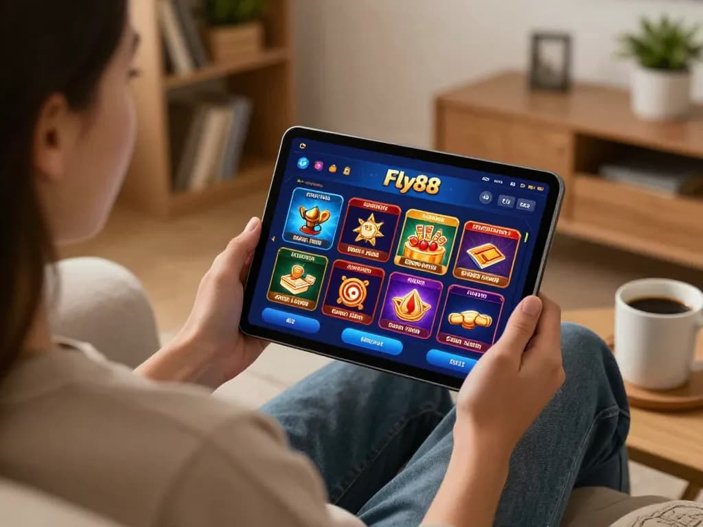Engaging in online casino gaming with the Fly88 app on a cozy tablet setup at home
