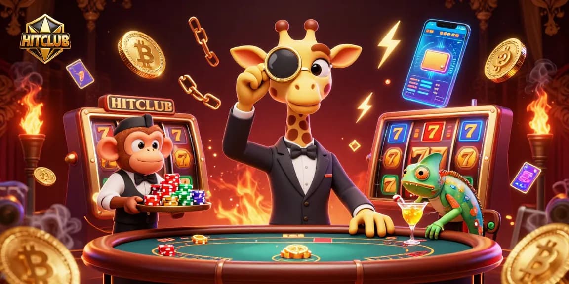 Experience gaming excitement at HITCLUB with vibrant 3D illustration featuring casino elements and characters.