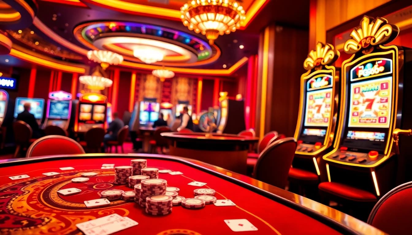 PG66 players enjoying exciting games at a luxurious casino table with vibrant slot machines.