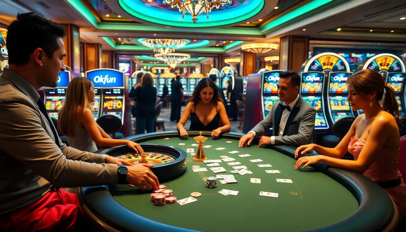 Players enjoying a thrilling game of poker at Okfun's top-notch casino table.