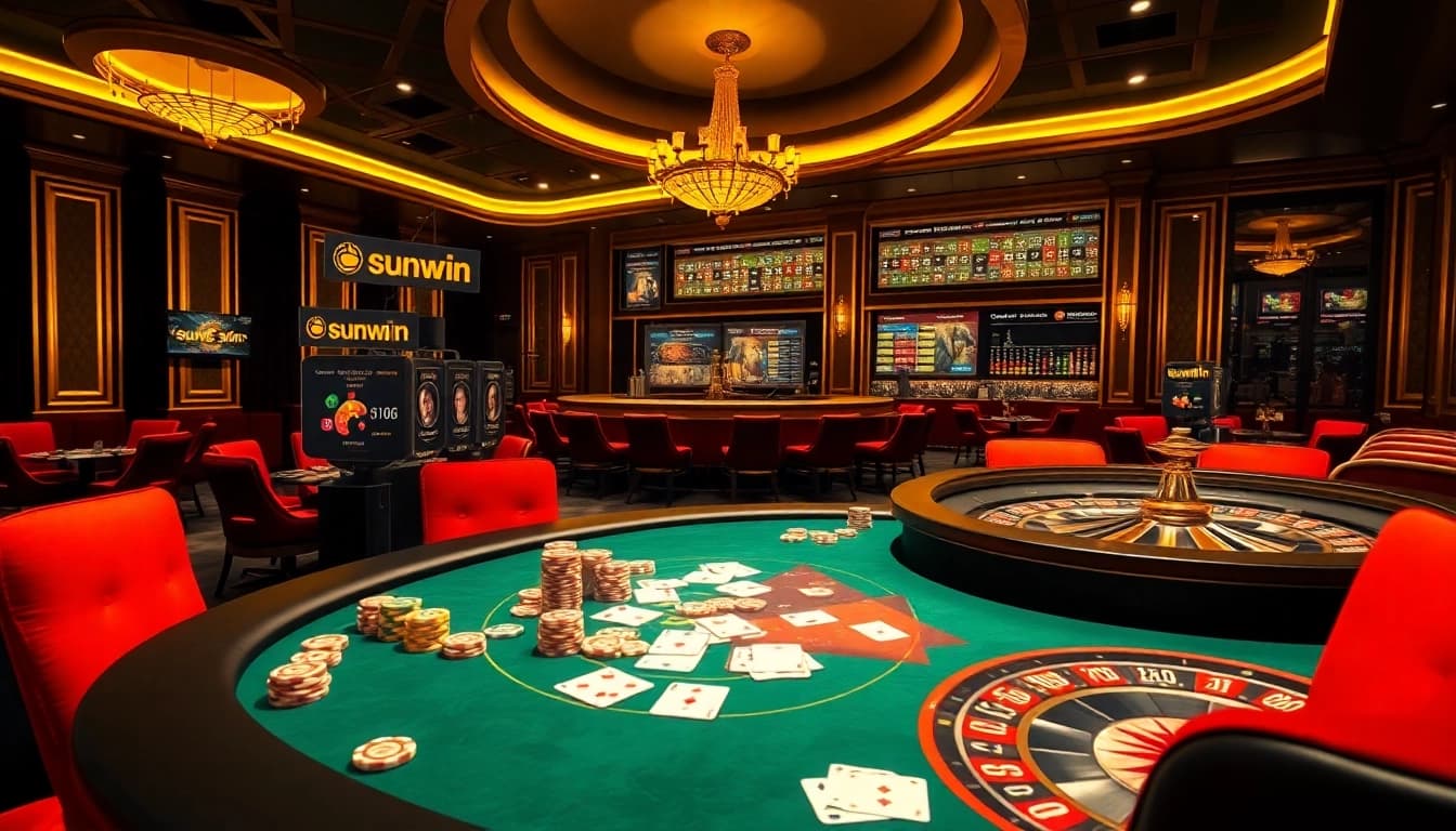 Sunwin poker table showcasing vibrant chips and an excited crowd at a luxurious casino.