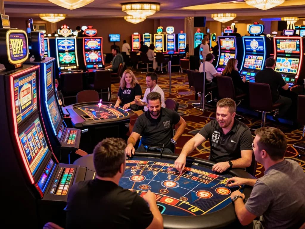 Players enjoying strategic gameplay with TT88 in a vibrant casino atmosphere, celebrating wins at slot machines.