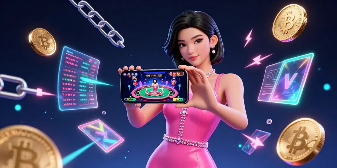 Engage with RR88 as the stunning Asian woman interacts with a live dealer casino game on her smartphone, showcasing immersive gaming experience.
