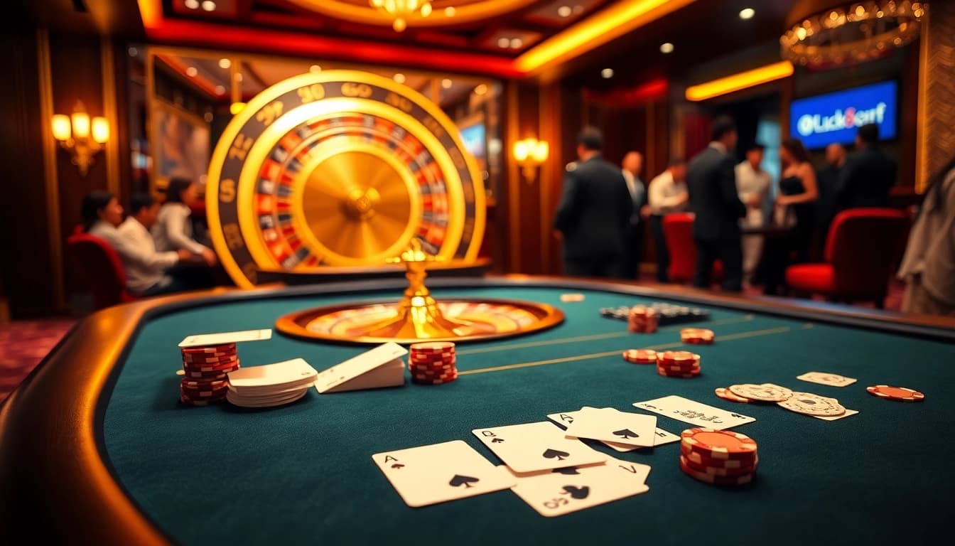 Experience the thrill of Luck8 with a vibrant casino scene featuring poker and roulette.