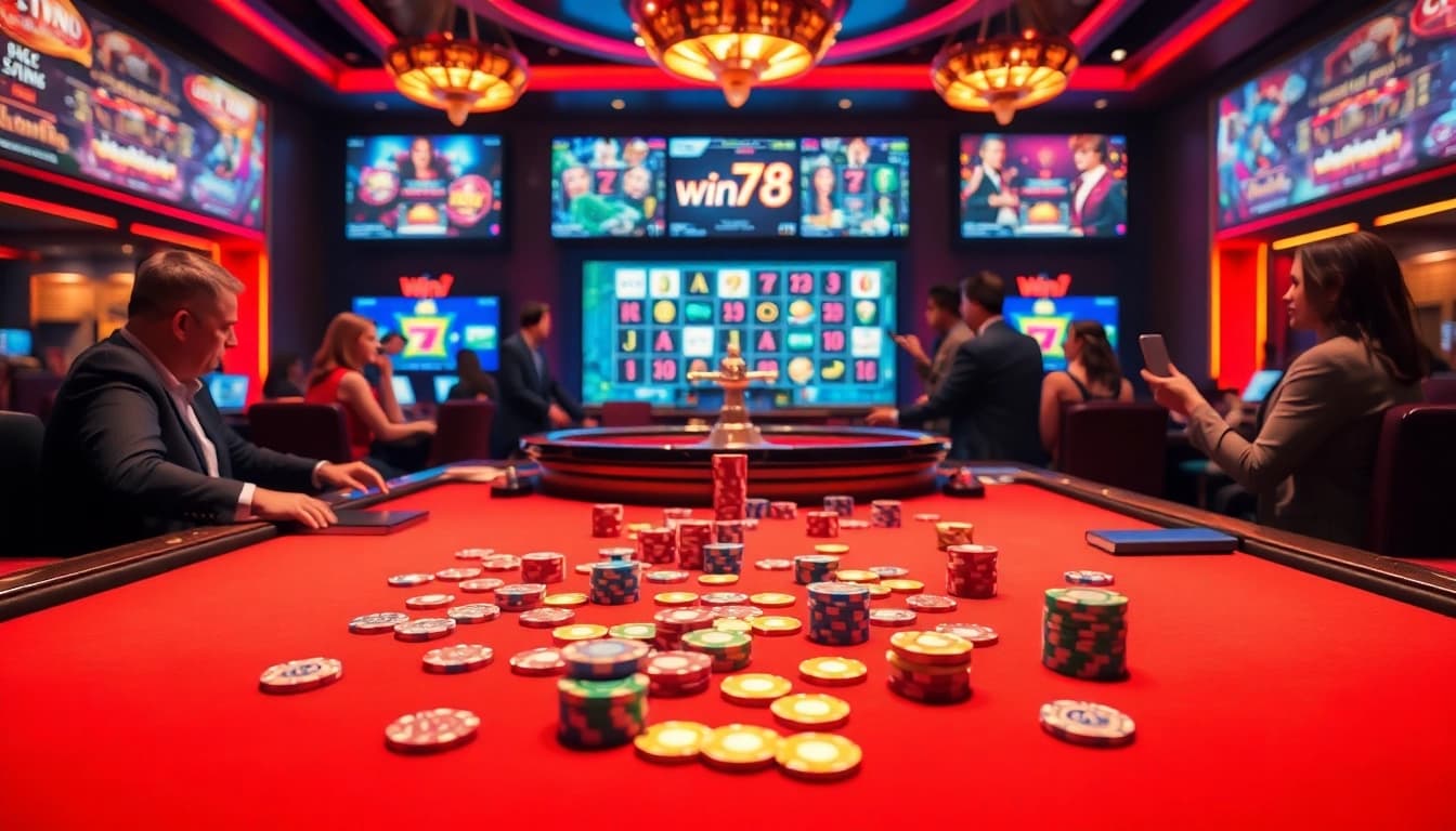 Win78 players enjoying an exciting online casino experience with poker chips and roulette.