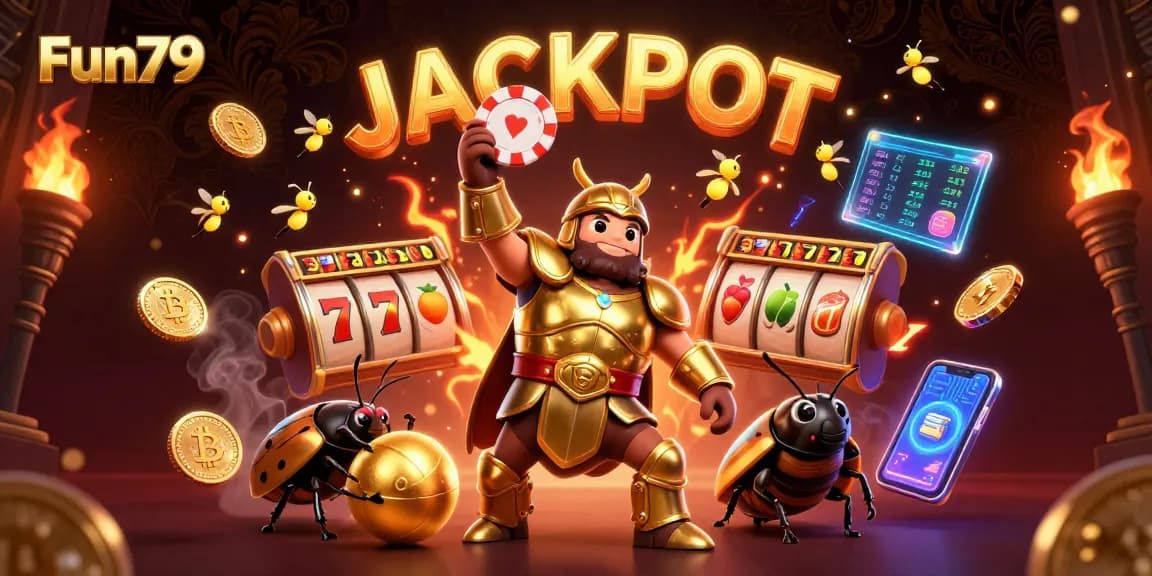 Fun79 features a victorious beetle lifting a poker chip amidst a vibrant casino setting.