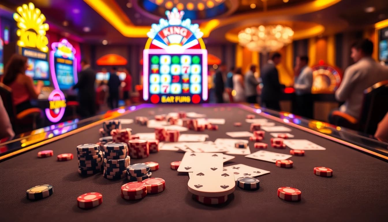 Experience King fun with excitement at a vibrant casino table featuring cards, chips, and a roulette wheel.