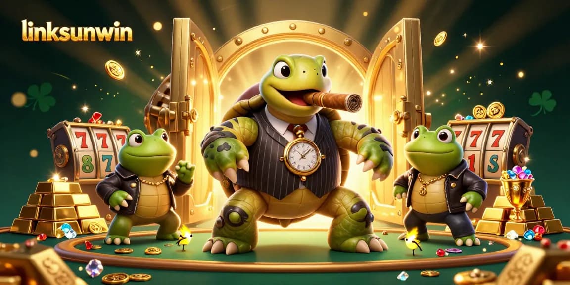 Experience excitement at linksunwin with a vibrant casino scene featuring a snapping turtle and bullfrog enforcers.