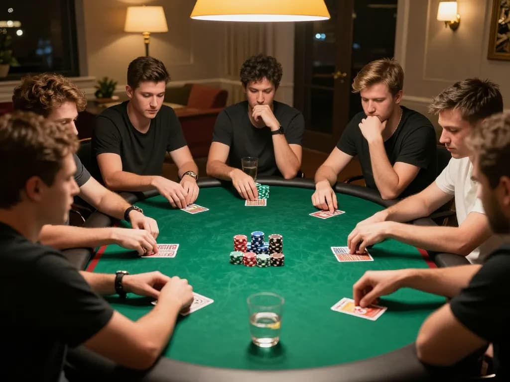 Engaging poker game scene at private table showcasing HITCLUB strategy, players deep in thought over cards and chips.
