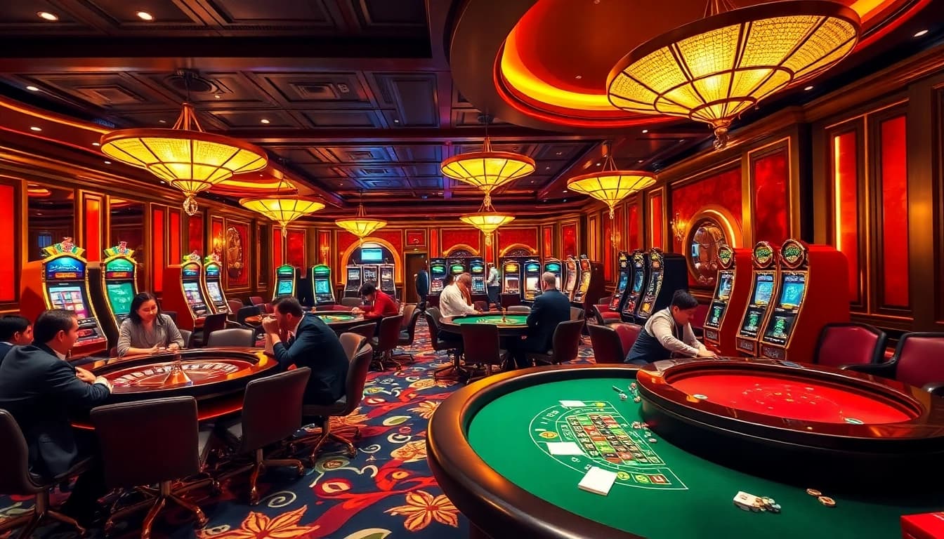 Players enjoying luxury gaming experiences at VIPWIN CC casino tables with vibrant decor.