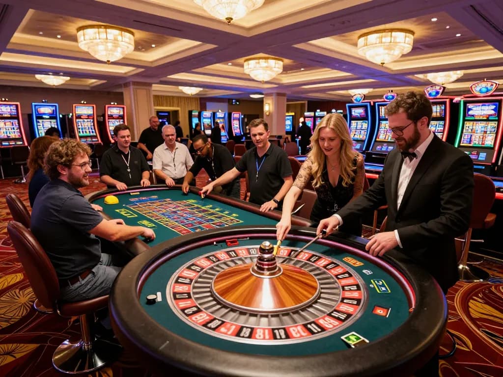 S88 gamblers excitedly placing bets at a dynamic roulette table in an upscale casino