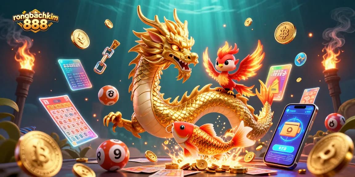 Play lottery with strategic insights from rongbachkim 888, featuring a dragon and phoenix illustration.