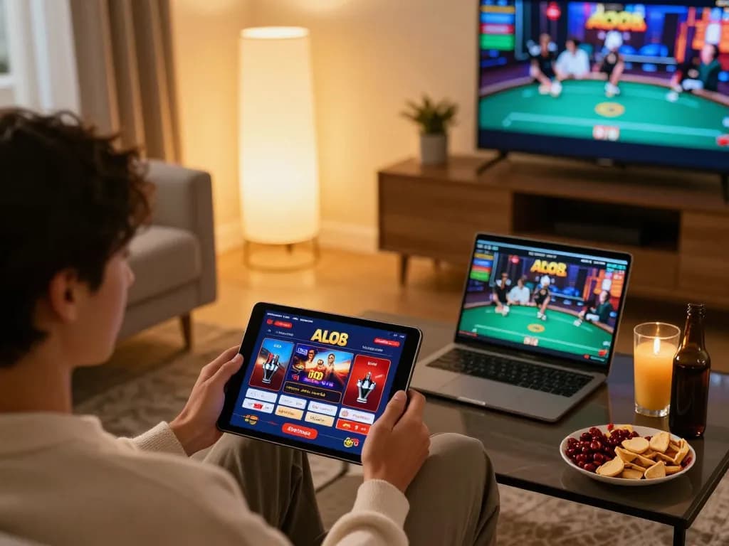 Player enjoying ALO8 online casino app on tablet in a cozy living room setting, showcasing responsible gaming