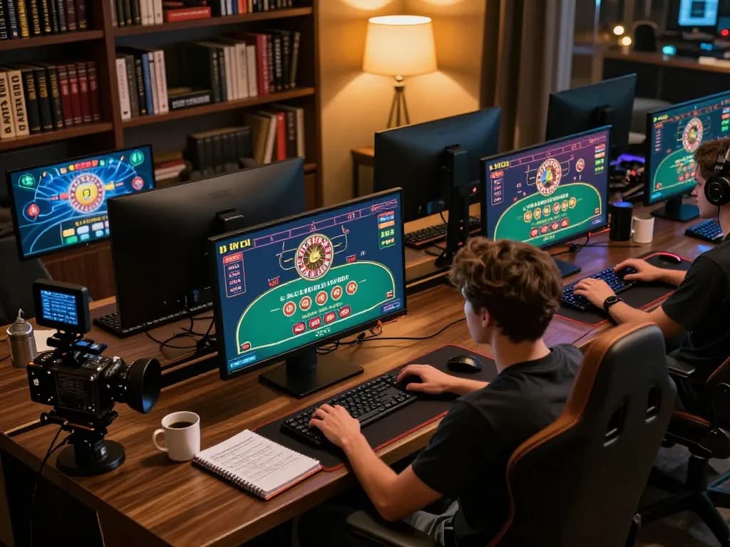 Engaging in live dealer games using five88a, showcasing a modern online casino setup with illuminated screens.